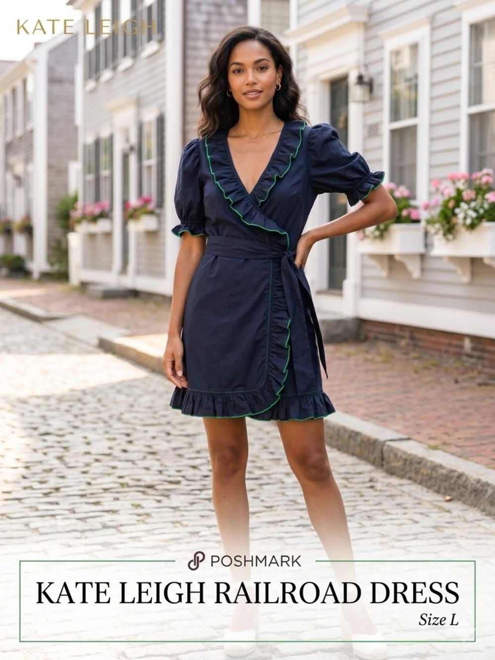 Kate Leigh Navy Wrap Dress with Green Trim Size Large